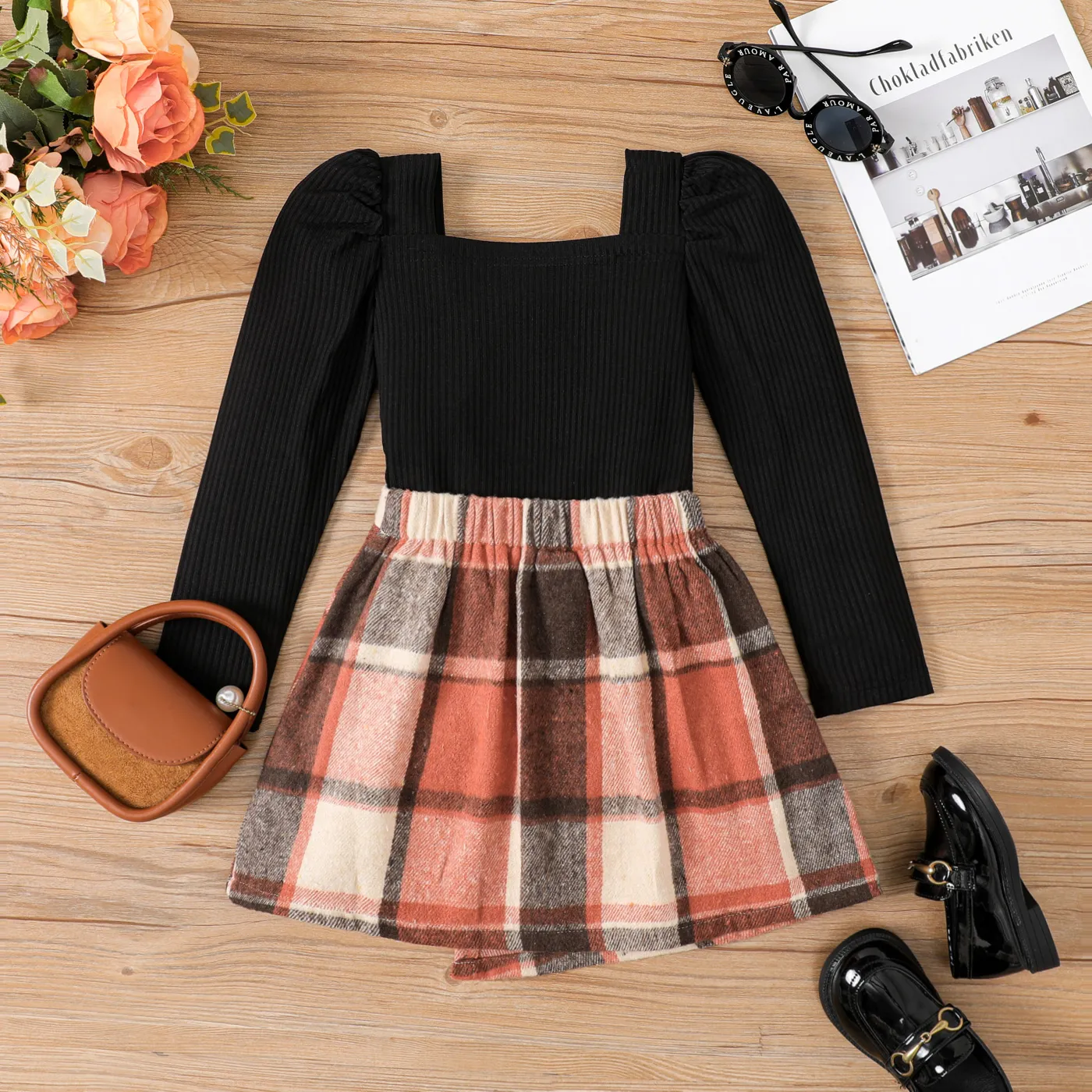 2pcs Kid Girl Grid Asymmetrical Hemline Suit Dress  image 5