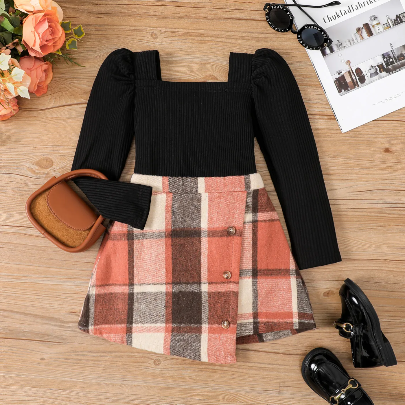2pcs Kid Girl Grid Asymmetrical Hemline Suit Dress  big image 1