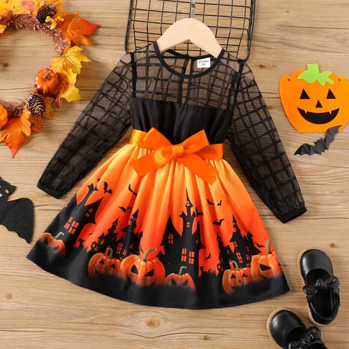 2PCS Toddler Girl Halloween Graphic Pattern Fabric Stitching Dress