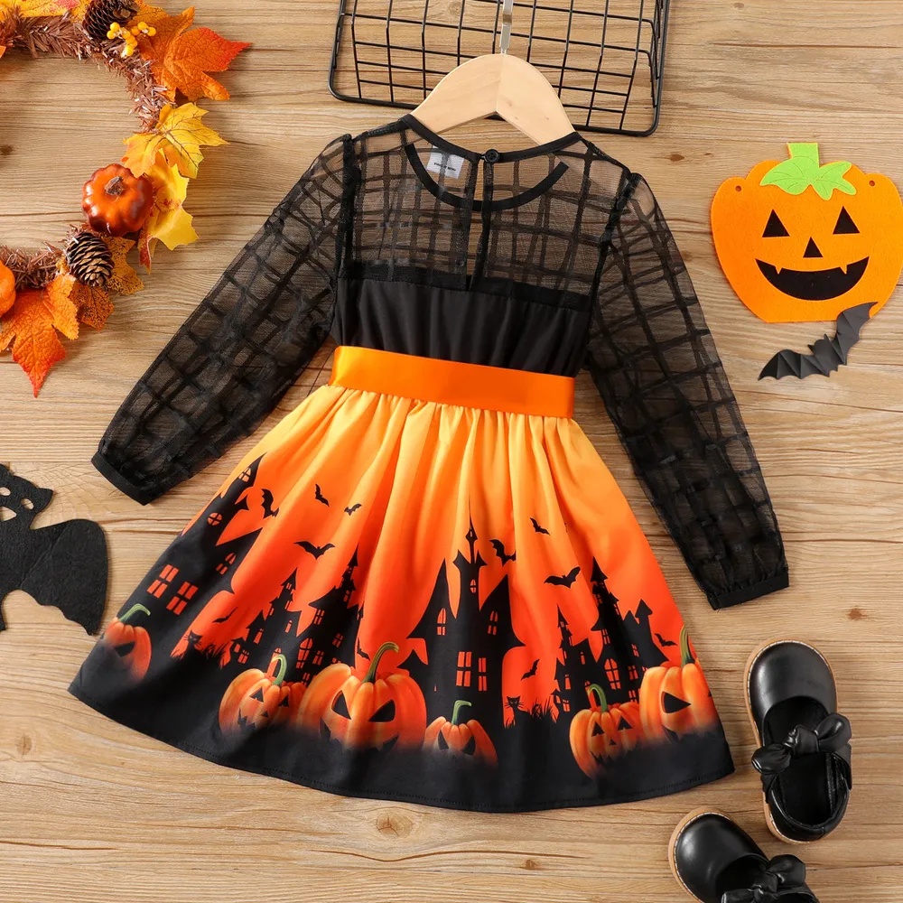 2PCS Toddler Girl Halloween Graphic Pattern Fabric Stitching Dress big image 2