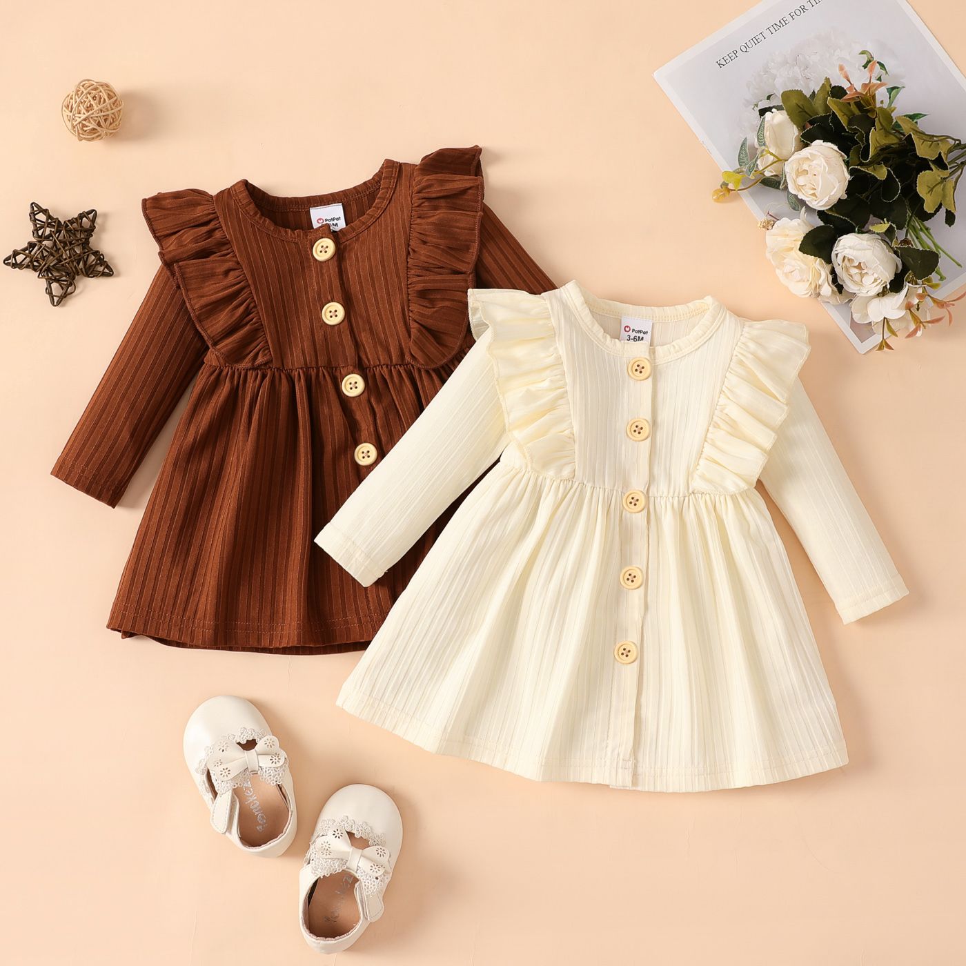 Baby Girl Elegant Solid Color Ruffle Edge Long Sleeve Dress