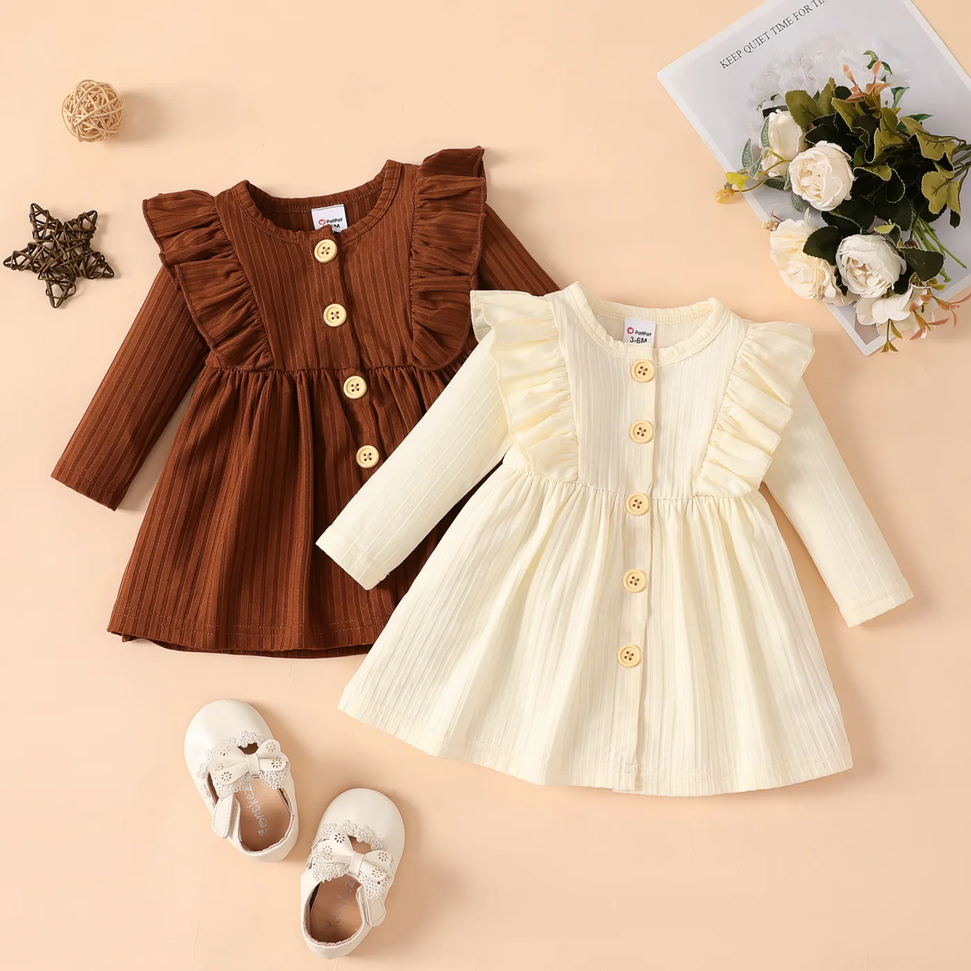 Baby Girl Elegant Solid Color Ruffle Edge Long Sleeve Dress Apricot big image 1