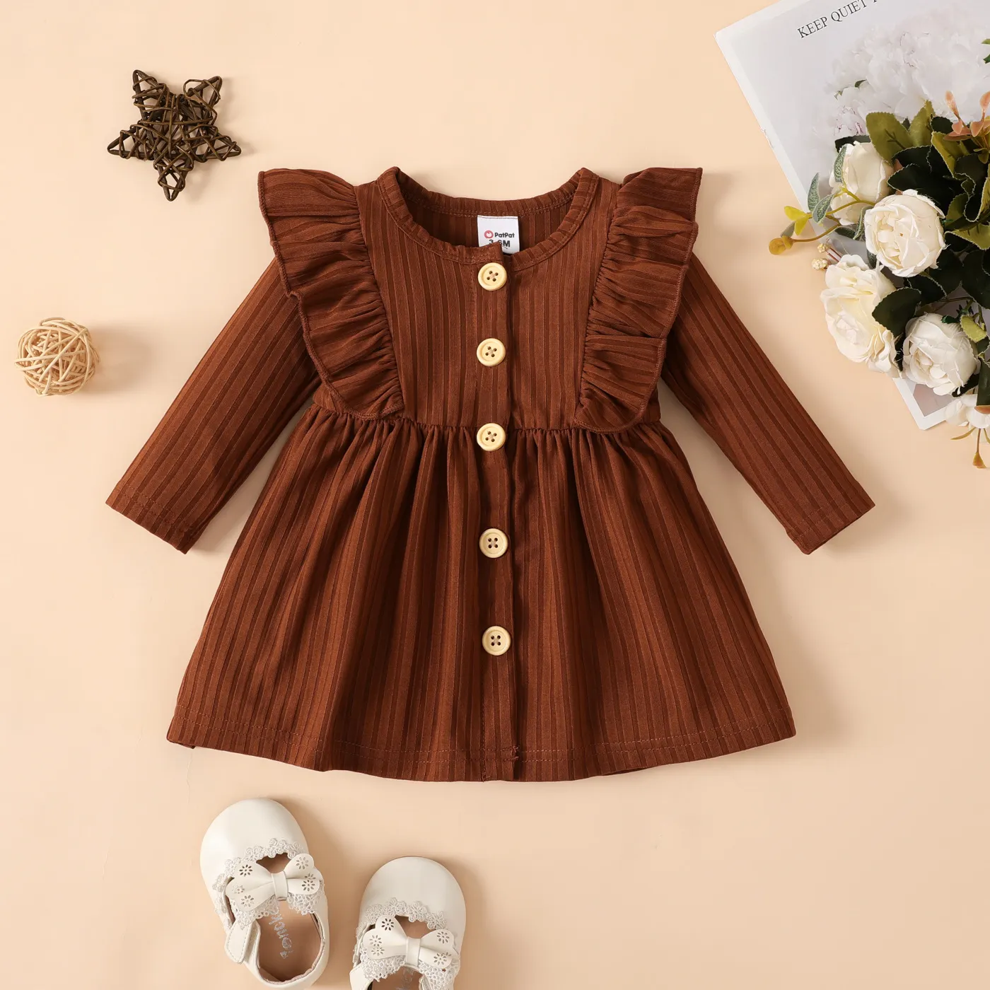 Baby Girl Elegant Solid Color Ruffle Edge Long Sleeve Dress Brown