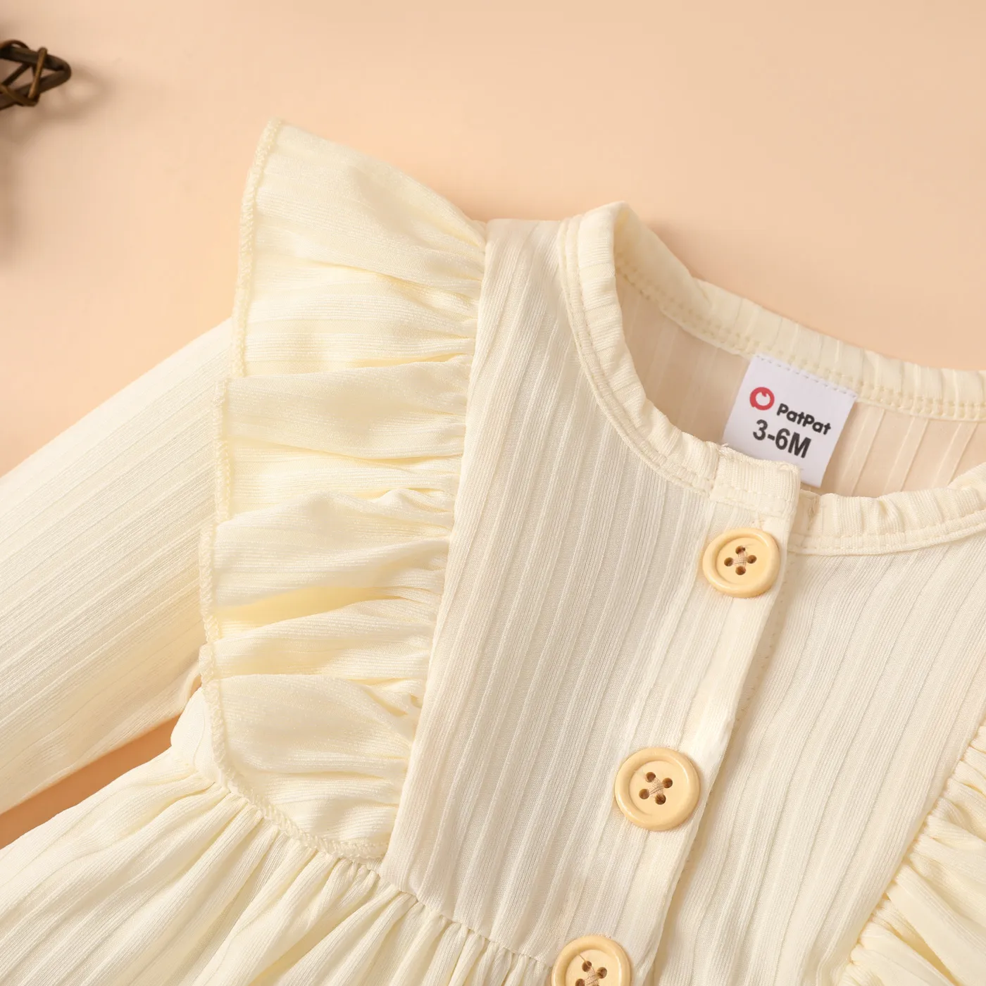 Baby Girl Elegant Solid Color Ruffle Edge Long Sleeve Dress Apricot image 5