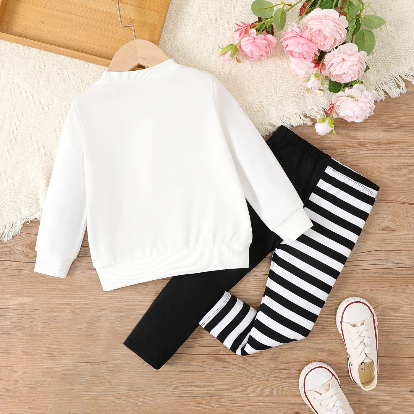 2pcs Toddler Girl Cat Pattern Fabric Stitching Design Set BlackandWhite image 2
