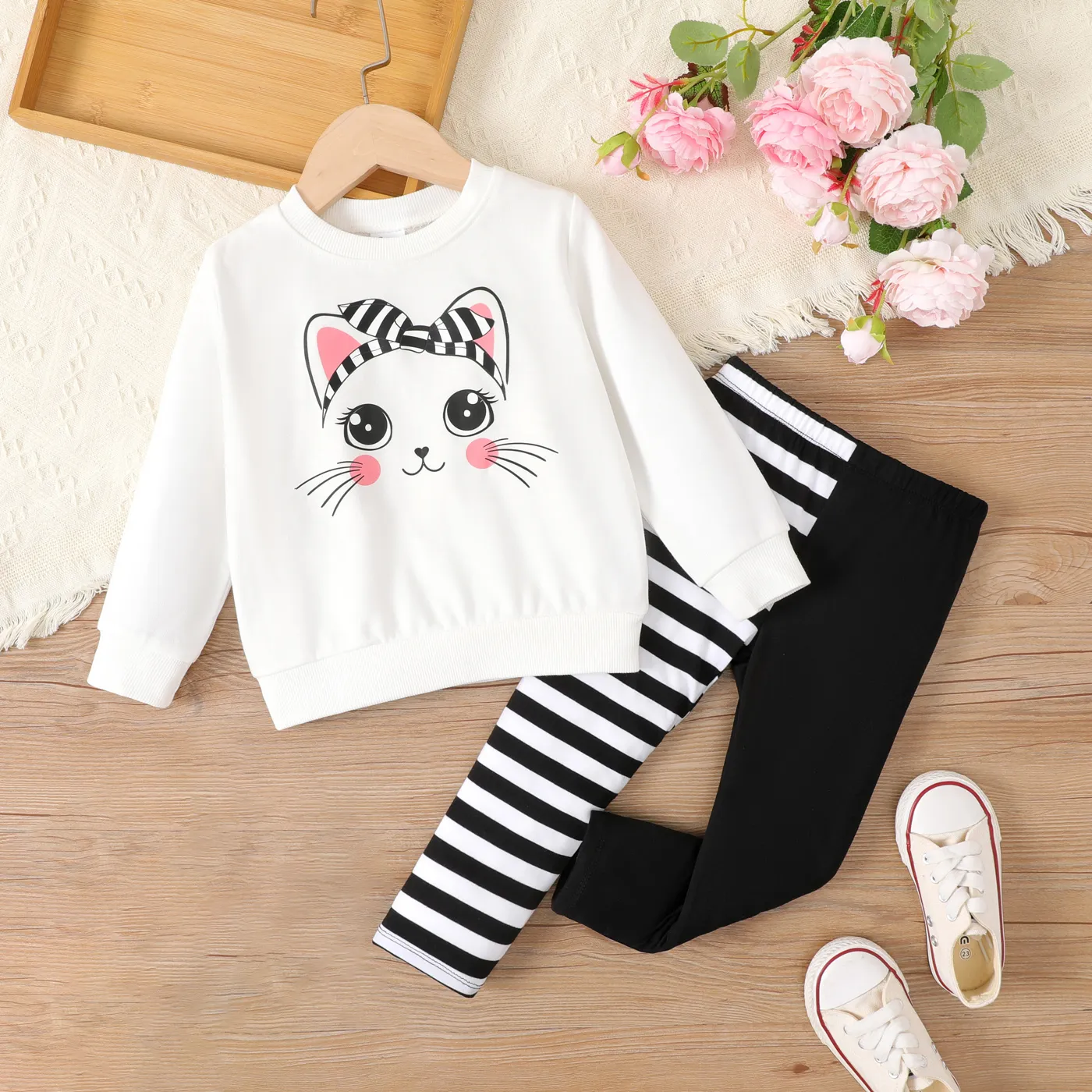 2pcs Toddler Girl Cat Pattern Fabric Stitching Design Set BlackandWhite big image 1