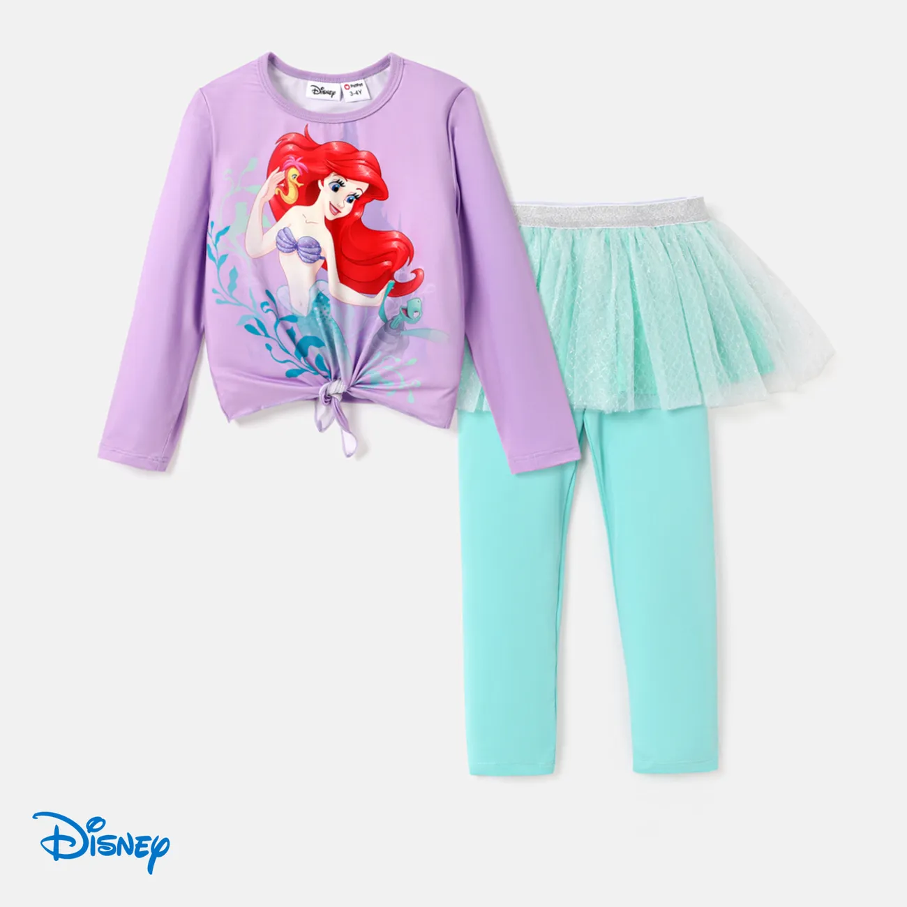 Disney Princess Toddler Girl 2pcs Knot Hem Long-sleeve Top and Mesh Overlay 2 In 1 Leggings Set   big image 1