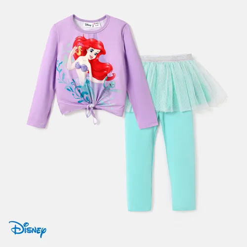 Disney Princess Toddler Girl 2pcs Knot Hem Long-sleeve Top and Mesh Overlay 2 In 1 Leggings Set 
