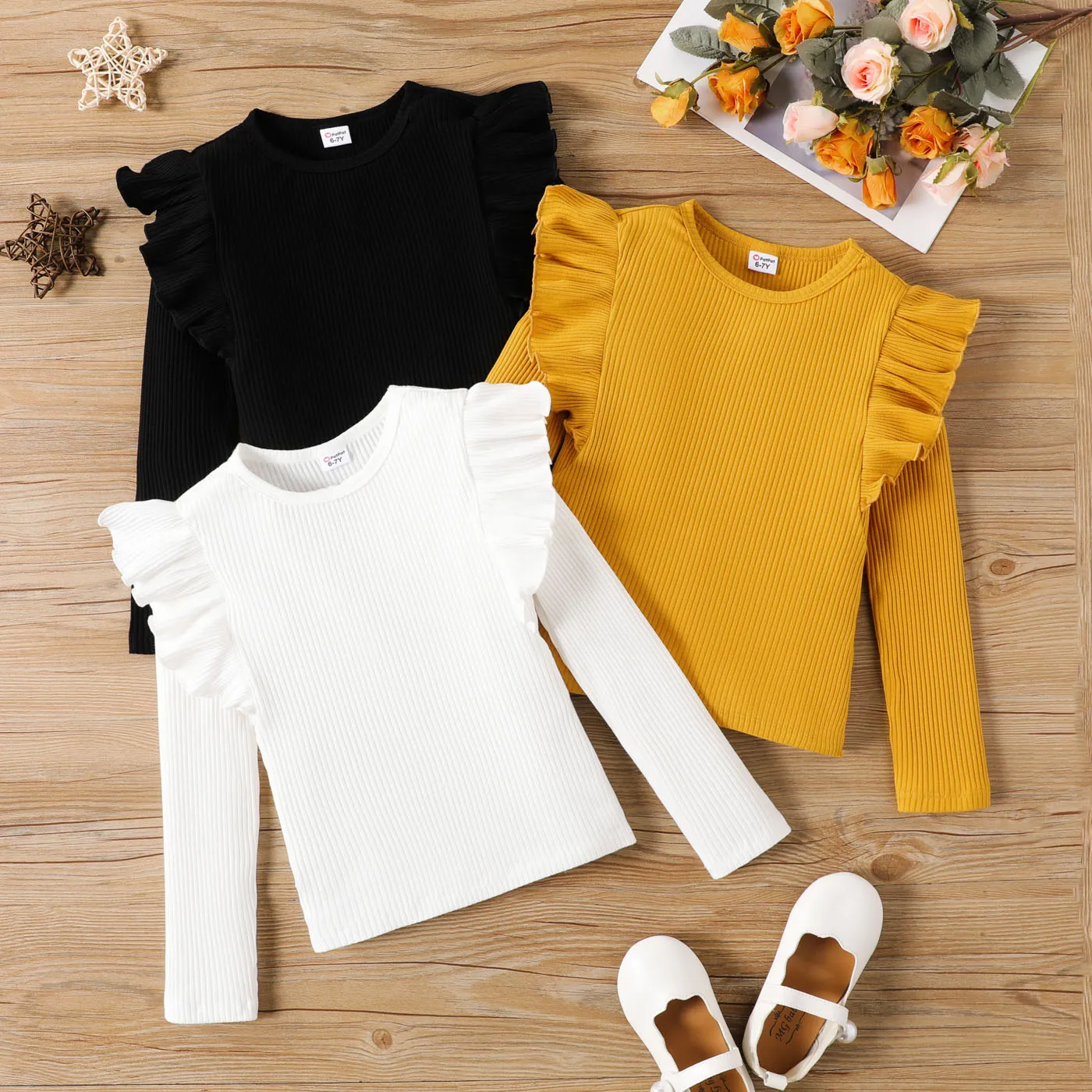 Kid Girl Solid Ruffle T-Shirt Long Sleeve Set