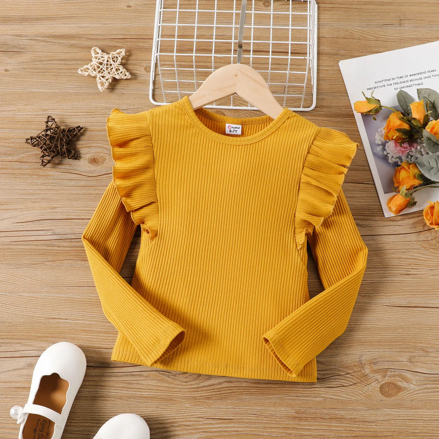 Kid Girl Solid Ruffle T-Shirt Long Sleeve Set Ginger