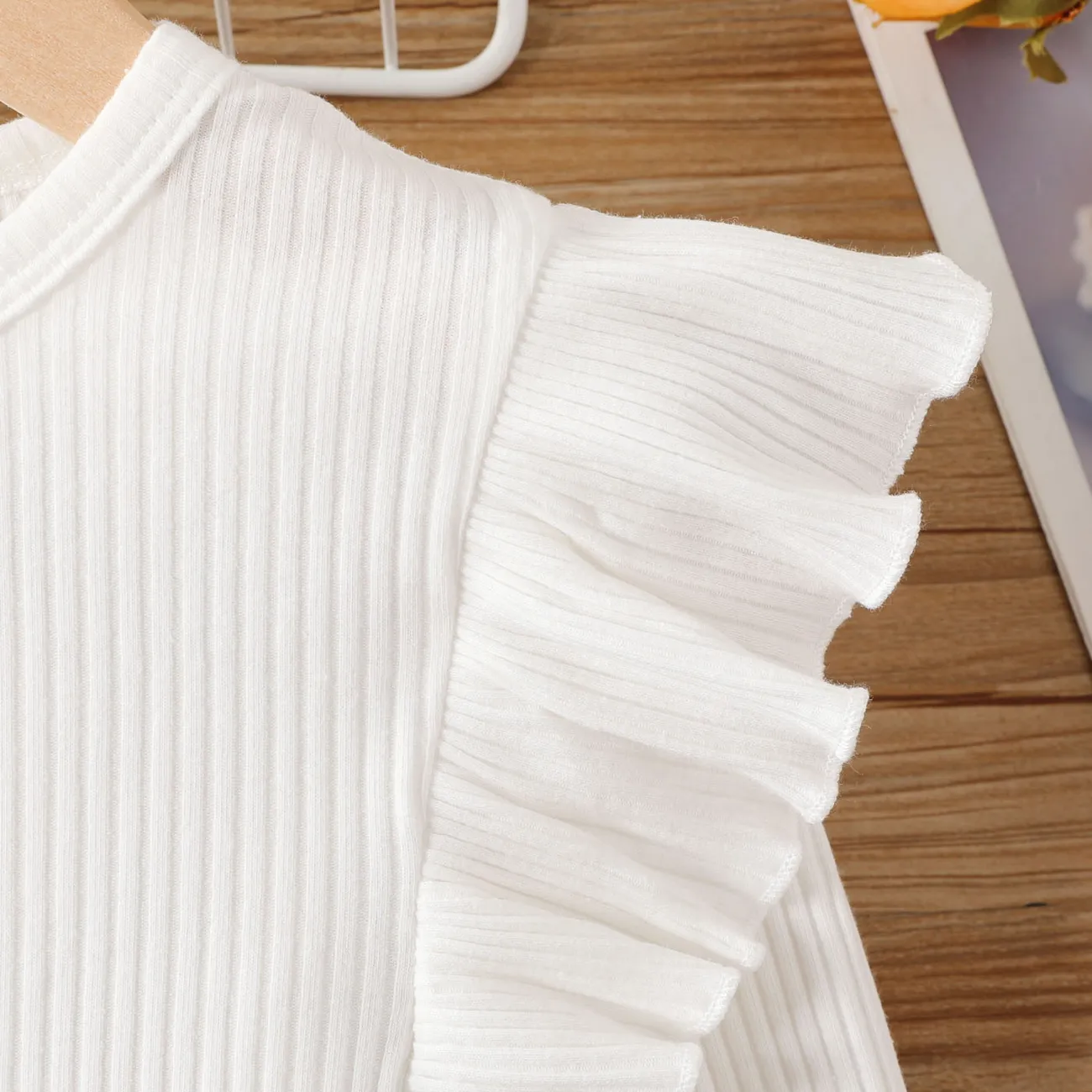 Kid Girl Solid Ruffle T-Shirt Long Sleeve Set White big image 1