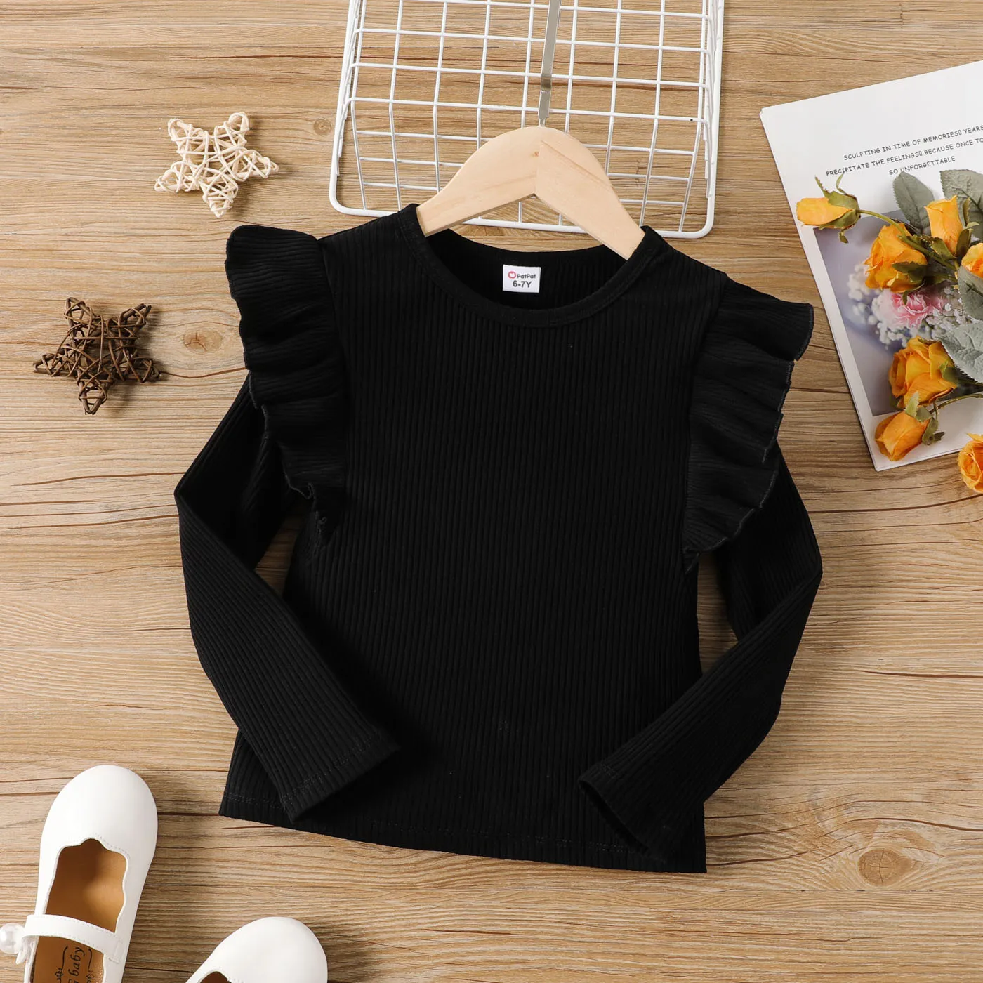 Kid Girl Solid Ruffle T-Shirt Long Sleeve Set Black