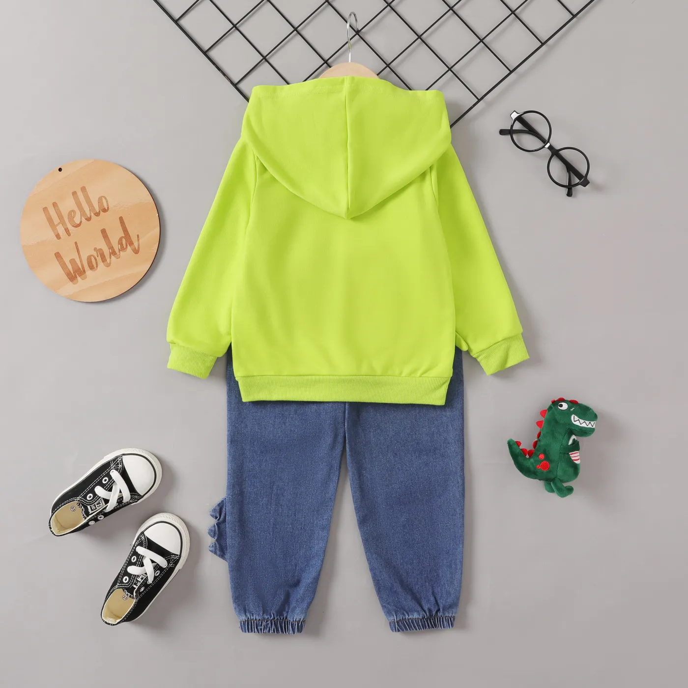 2pcs Toddler Boy Dinosaur Pattern Hooded Denim Set Green image 4