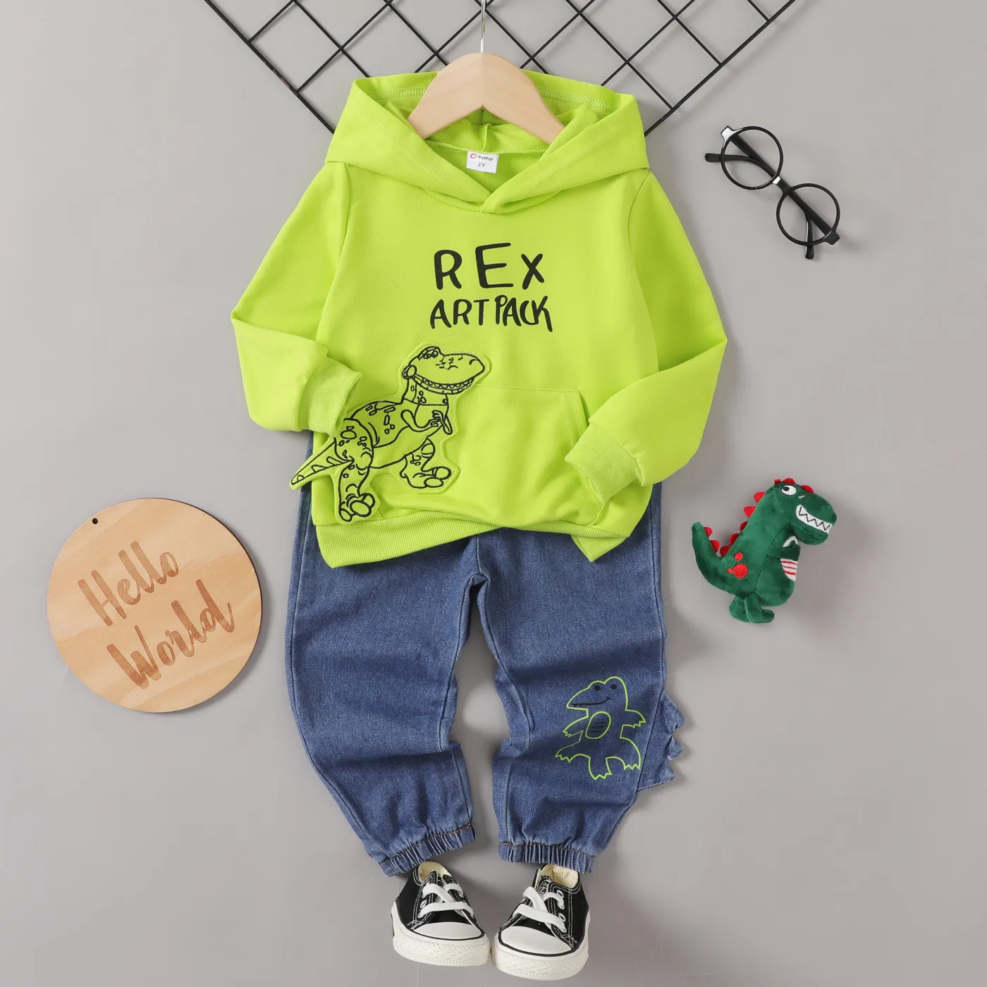2pcs Toddler Boy Dinosaur Pattern Hooded Denim Set Green big image 1