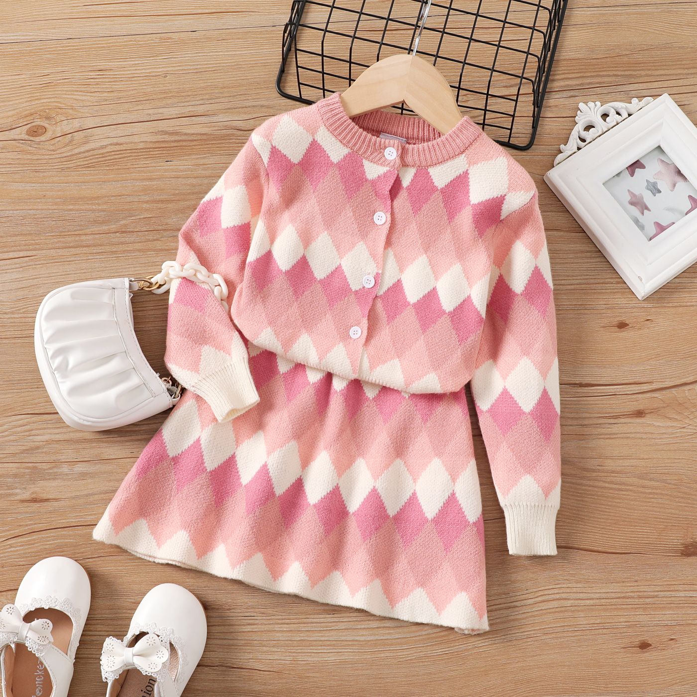 Toddler Girl Geometric Pattern Button Design Dress