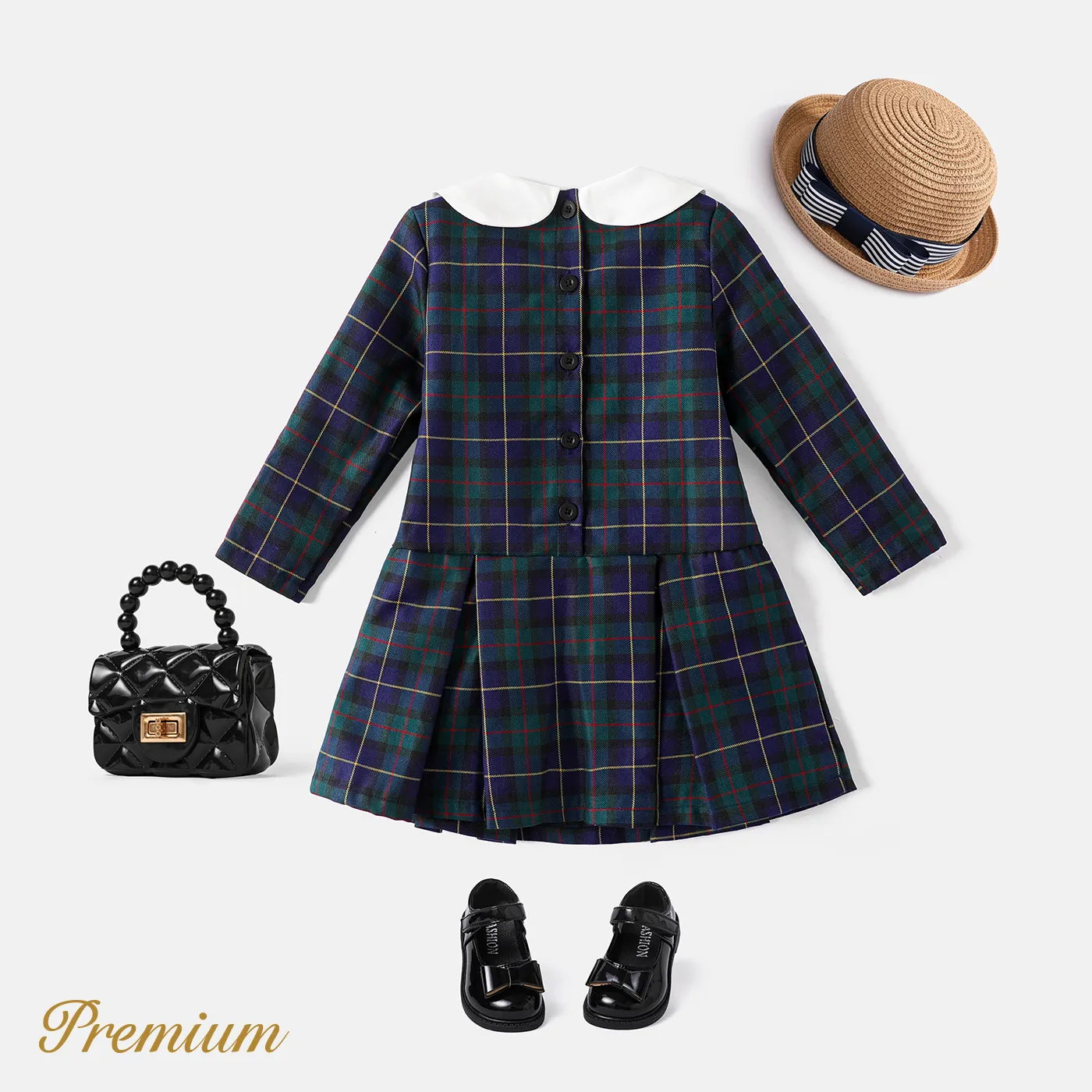 2 pcs Long Sleeves School Style Lapel Toddler Girl Dress Set in Grid/Houndstooth Pattern PLAID image 4