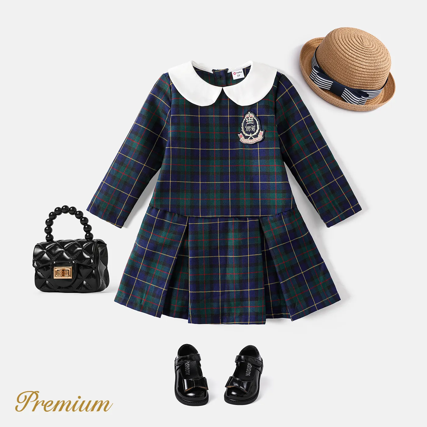 2 Pcs Long Sleeves School Style Lapel Toddler Girl Dress Set In Grid/Houndstooth Pattern