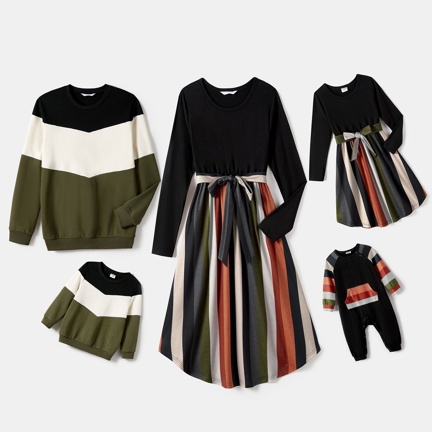 Family Matching Striped Belted Dresses And Colorblock Sweatshirts Sets