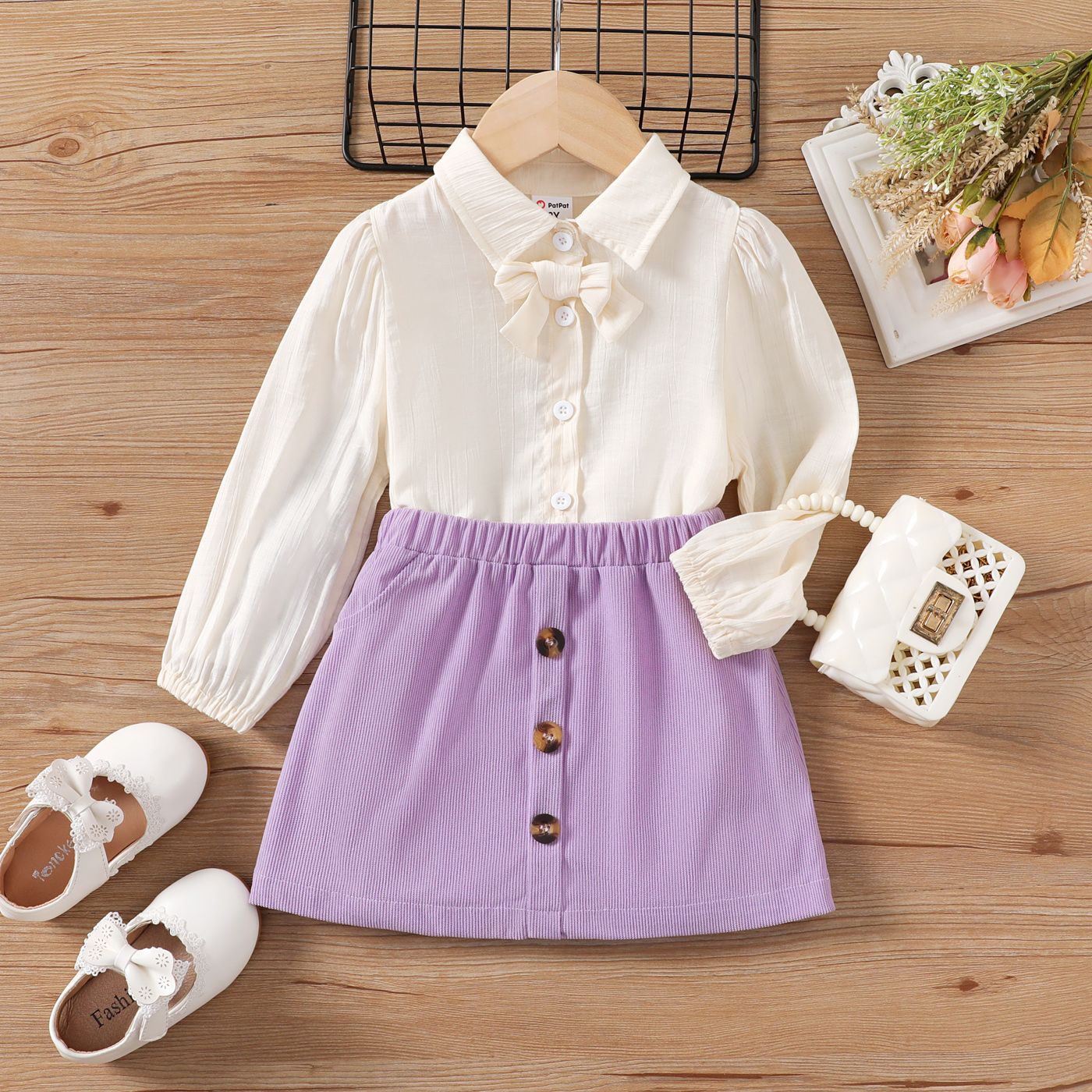 2pcs Toddler Girl Solid Button Design Suit-Dress