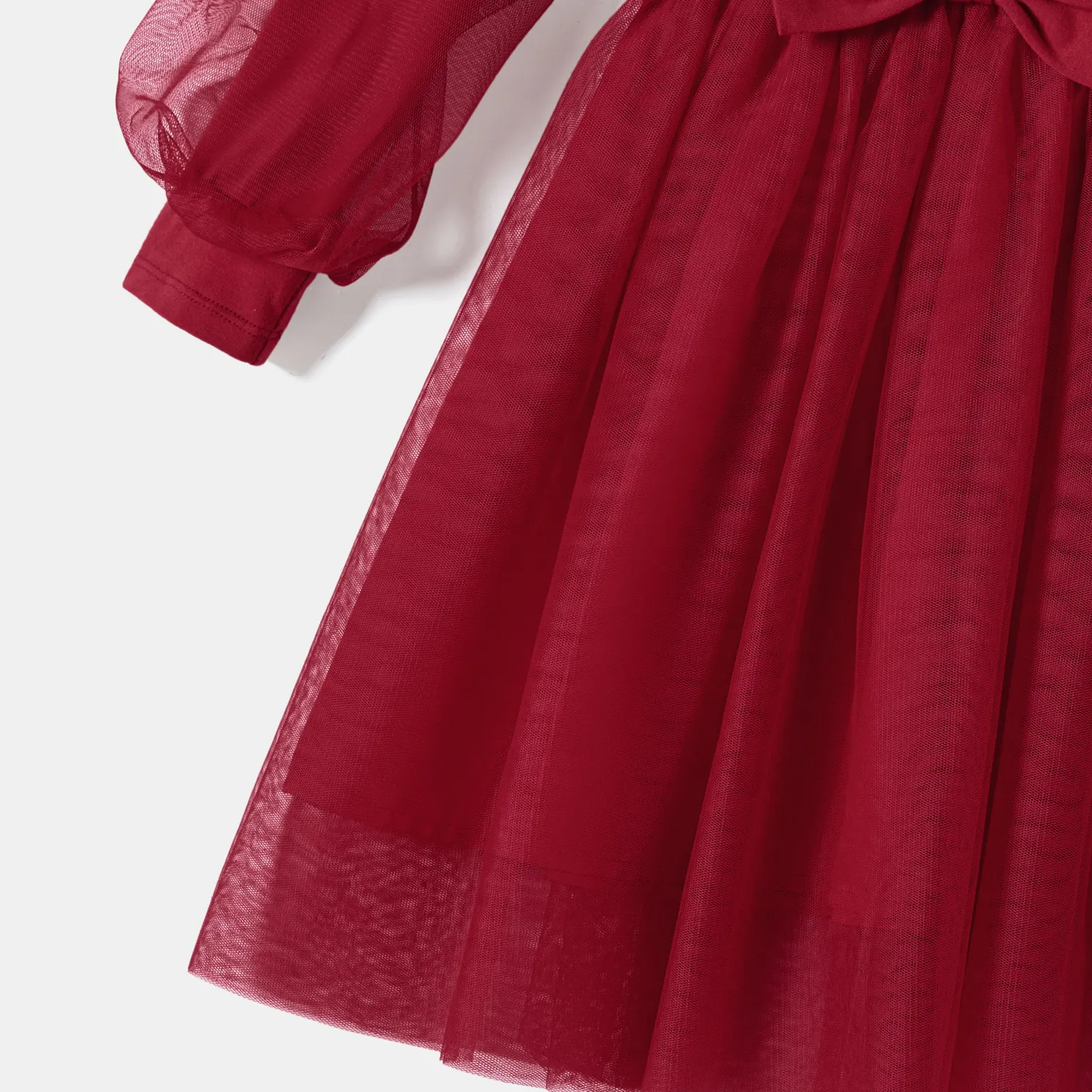 Family Matching Plaid Shirt Tops and Red Mesh Splice Belted Dresses Sets Burgundy image 4