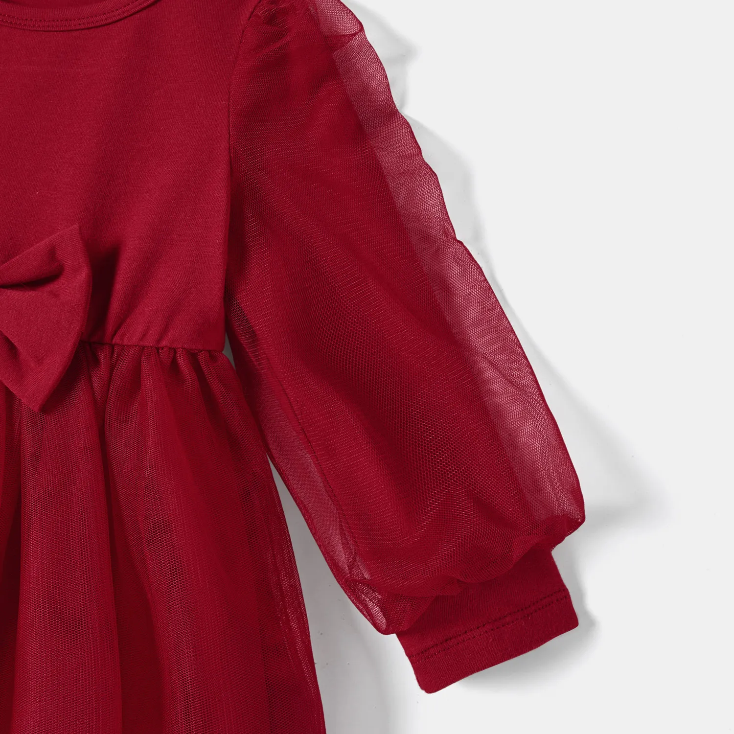 Family Matching Plaid Shirt Tops and Red Mesh Splice Belted Dresses Sets Burgundy image 5