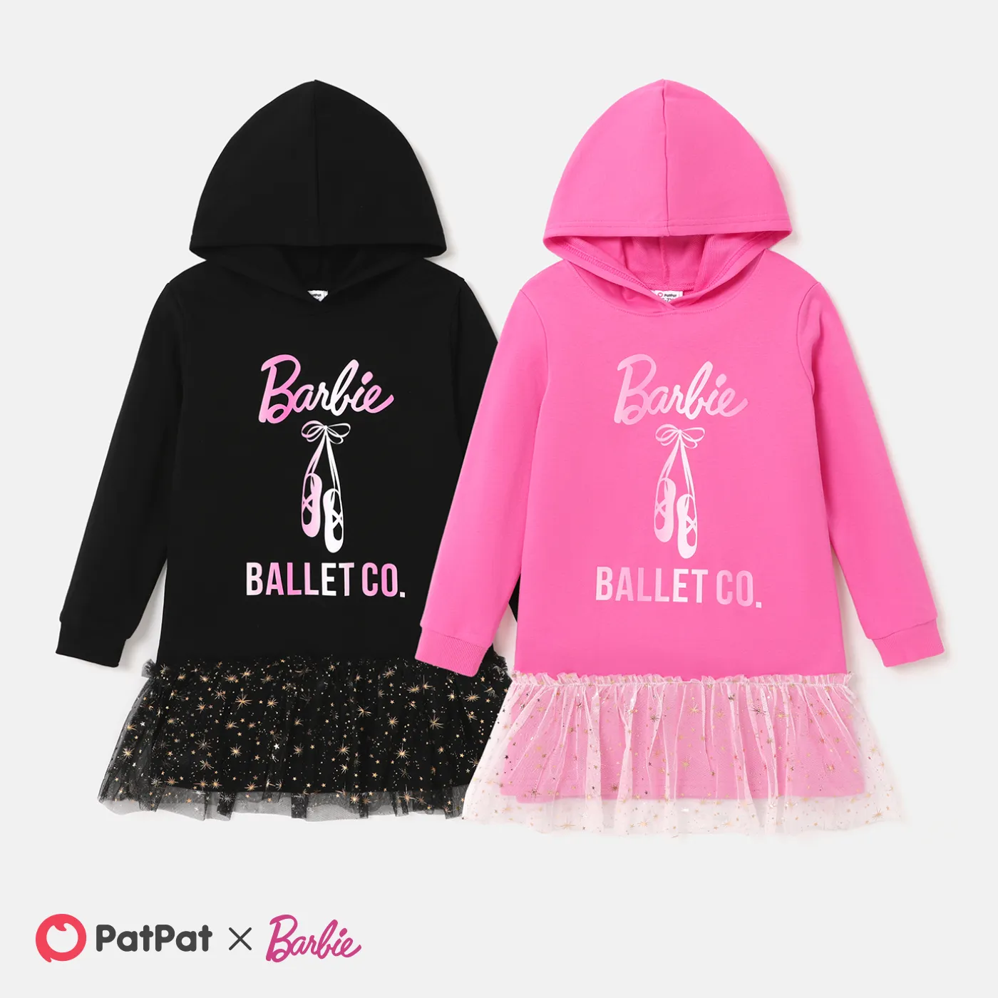 Barbie Kid Girl Letter Print Mesh Hem Long-sleeve Hooded Dress  Black image 6