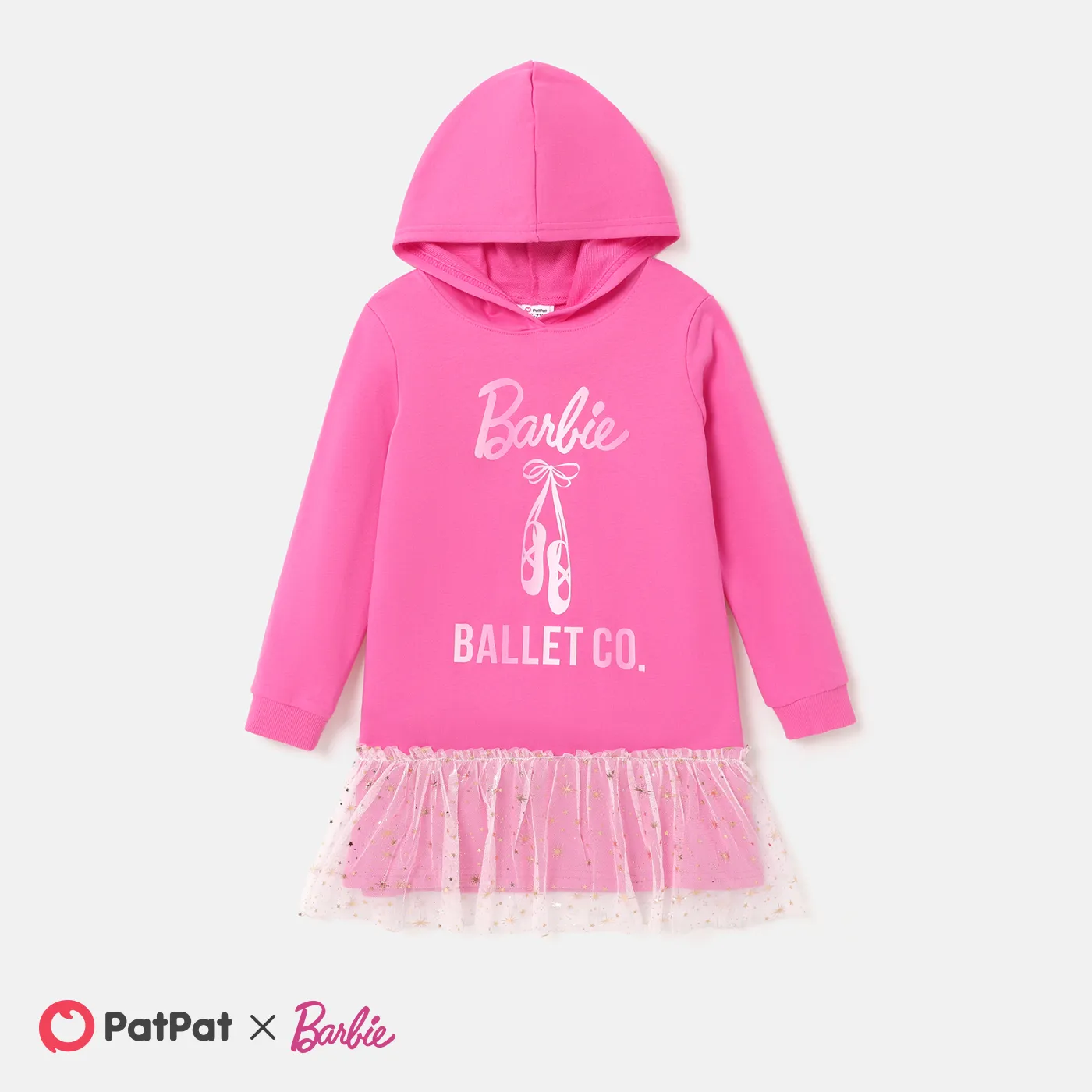 Barbie Kid Girl Letter Print Mesh Hem Long-sleeve Hooded Dress  PINK-1