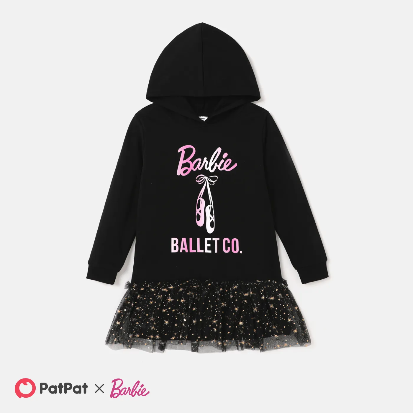 Barbie Kid Girl Letter Print Mesh Hem Long-sleeve Hooded Dress  Black big image 1