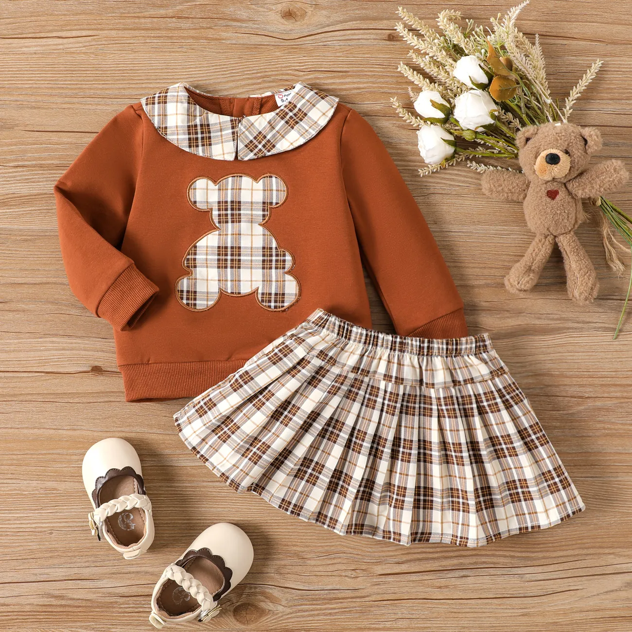 2pcs Baby Girl Childlike Animal Pattern Bear Long Sleeve Skirt Set big image 1