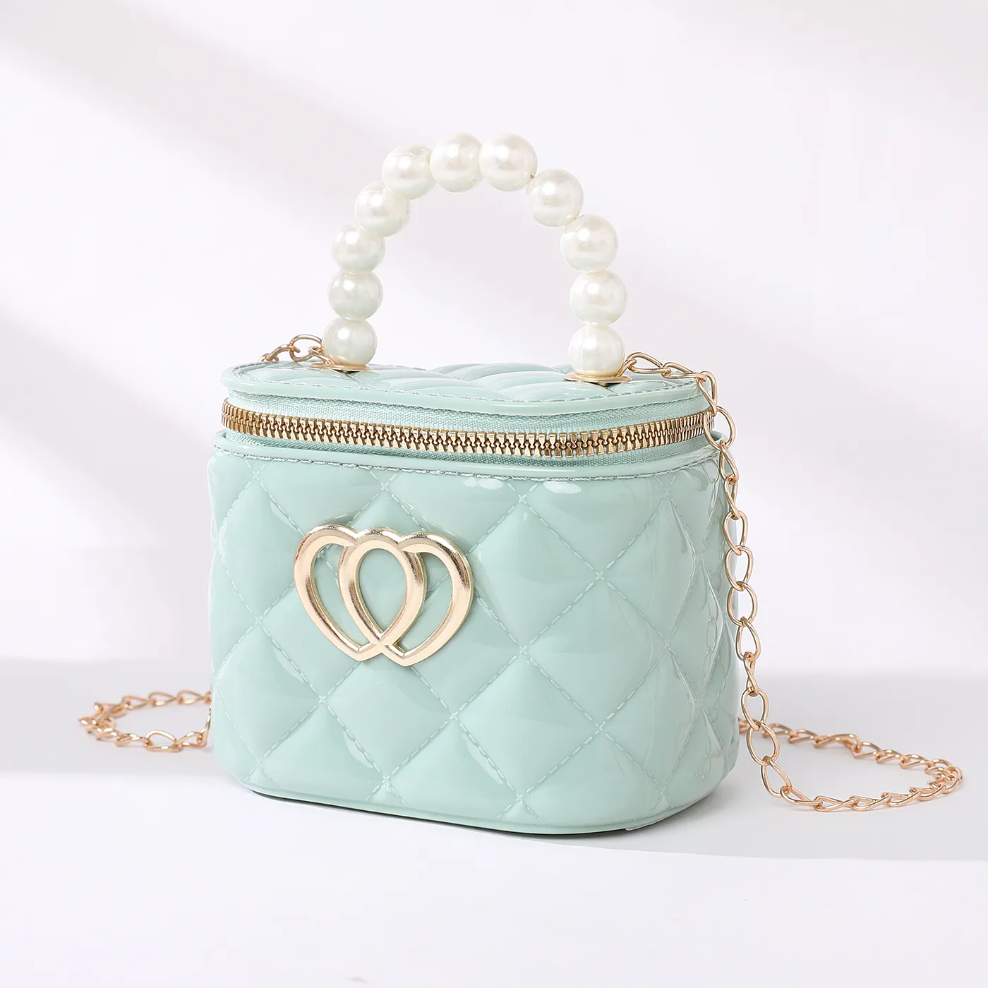 Toddler/Kid Elegant Bucket Bag, PVC Material, Classic Diamond Grid Pattern Printing for Girl Green