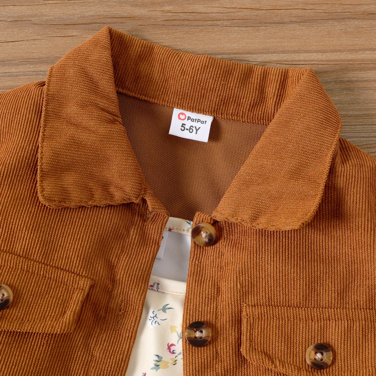 2pcs Kid Girl Buttons Front Long-sleeve Jacket and Allover Floral Print Slip Dress Set Brown big image 1