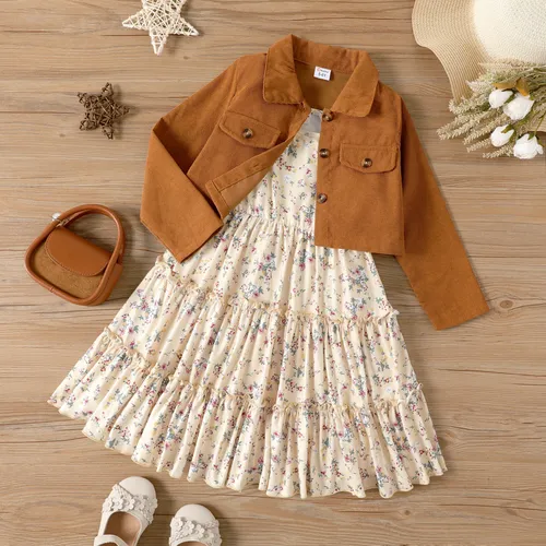 2pcs Kid Girl Buttons Front Long-sleeve Jacket and Allover Floral Print Slip Dress Set