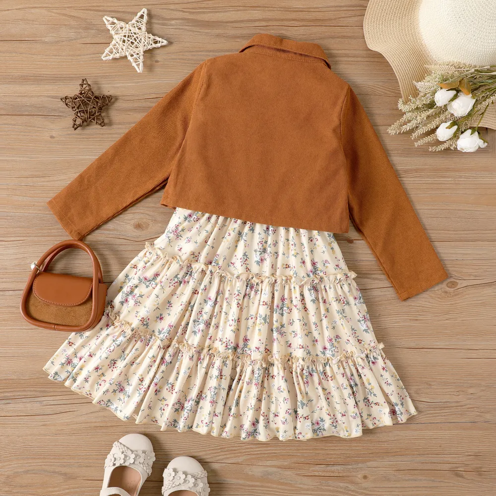 2pcs Kid Girl Buttons Front Long-sleeve Jacket and Allover Floral Print Slip Dress Set big image 2