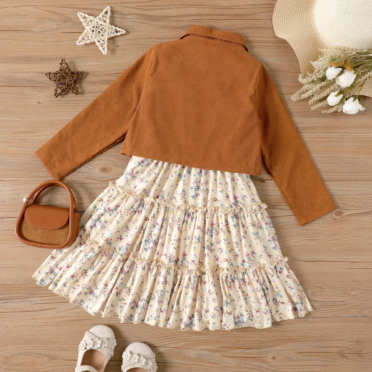 2pcs Kid Girl Buttons Front Long-sleeve Jacket and Allover Floral Print Slip Dress Set Brown big image 1