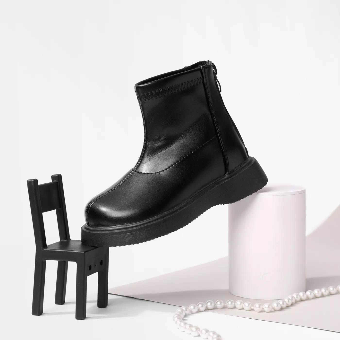 Kids Solid Minimalist Zipper Design Boots Black image 3