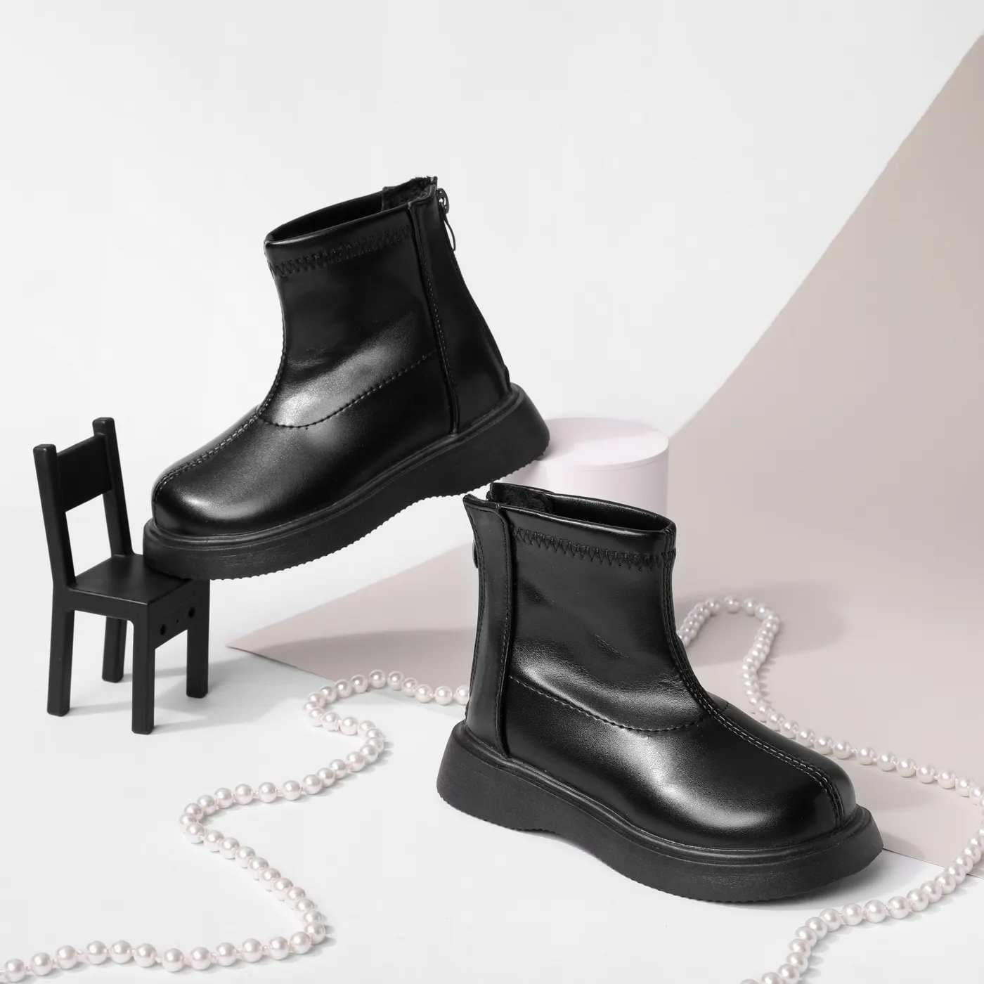 Kids Solid Minimalist Zipper Design Boots Black image 2