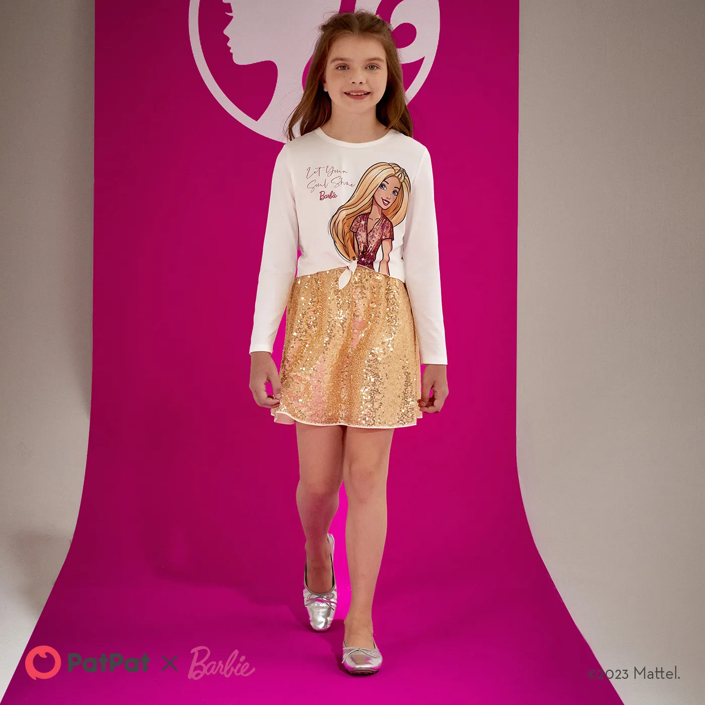 Barbie Kid Girl 2pcs Naia™ Figure Print Long-sleeve Top and Sequin Skirt Set  Gold image 2
