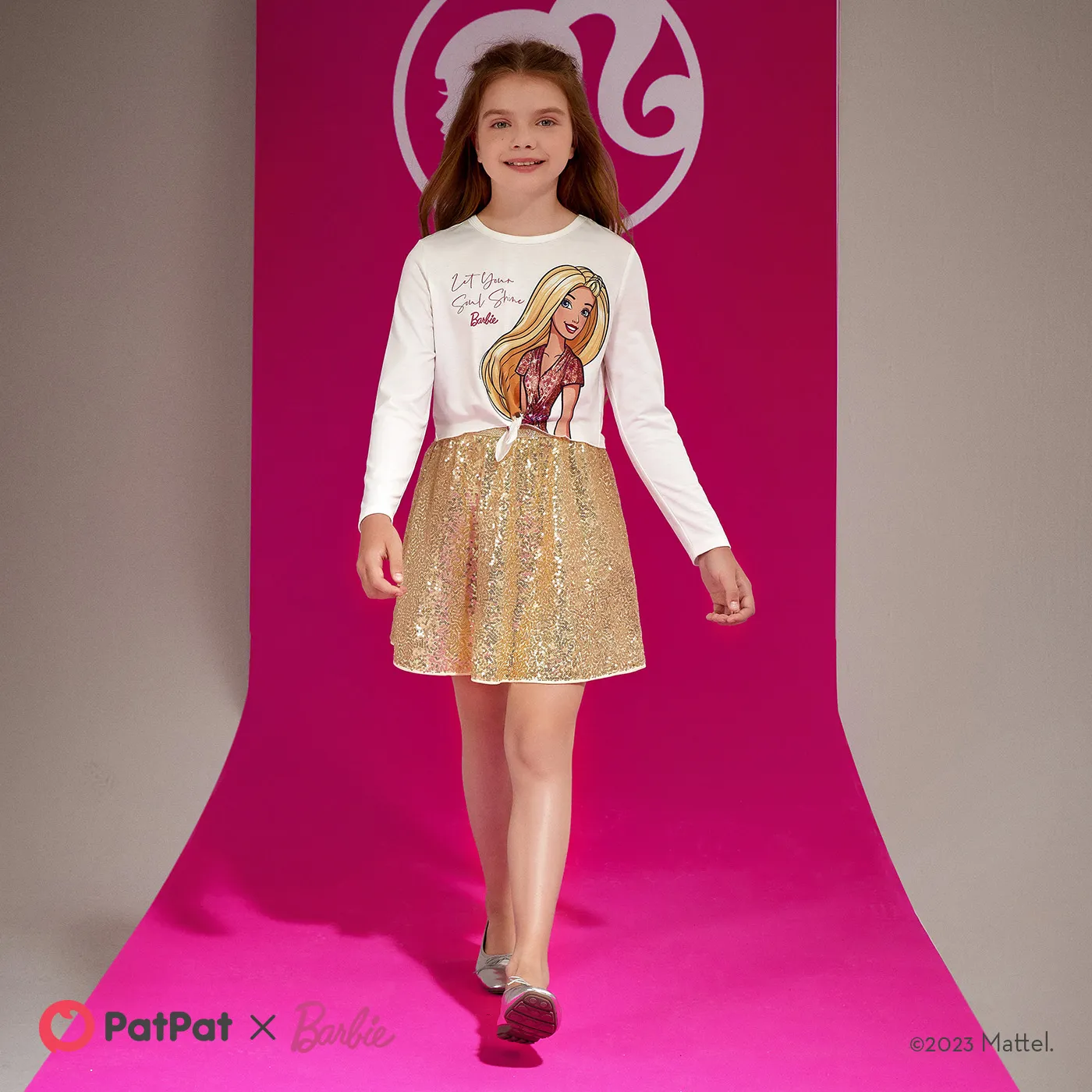 Barbie Kid Girl 2pcs Naia™ Figure Print Long-sleeve Top and Sequin Skirt Set  Gold image 3