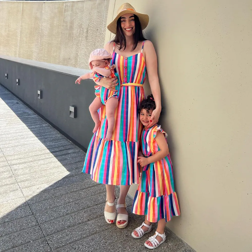 Mommy and Me Colorful Striped Sleeveless Belted Dresses  big image 4