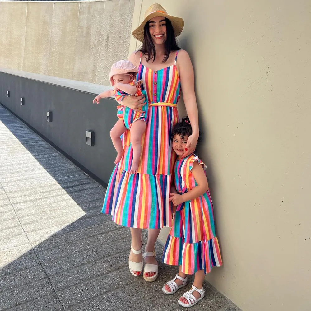 Mommy and Me Colorful Striped Sleeveless Belted Dresses big image 4