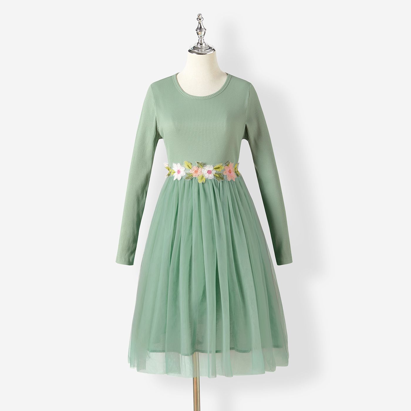 

Mommy and Me Cotton Ribbed Floral Embroidered Long-Sleeved Mesh Dresses