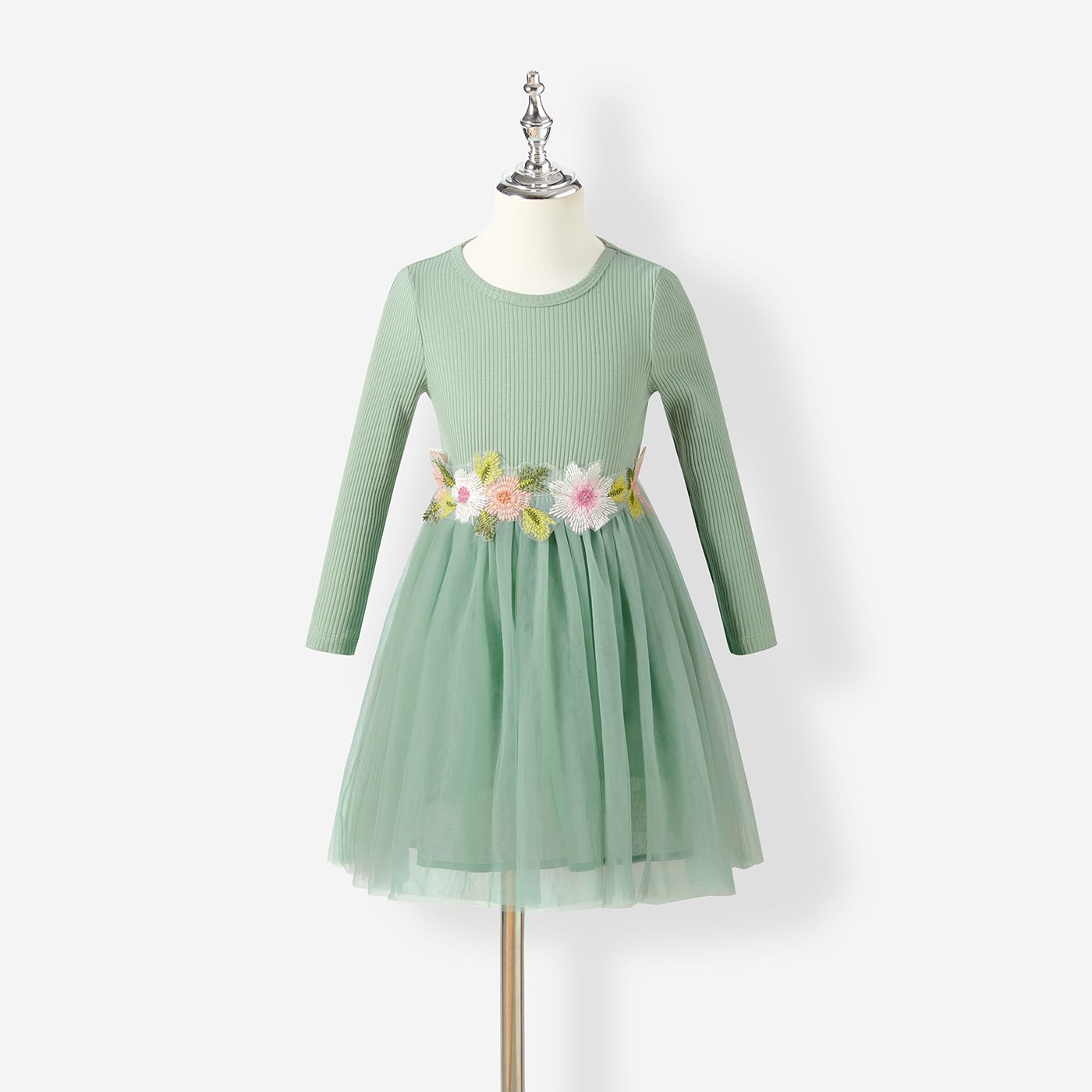 

Mommy and Me Cotton Ribbed Floral Embroidered Long-Sleeved Mesh Dresses