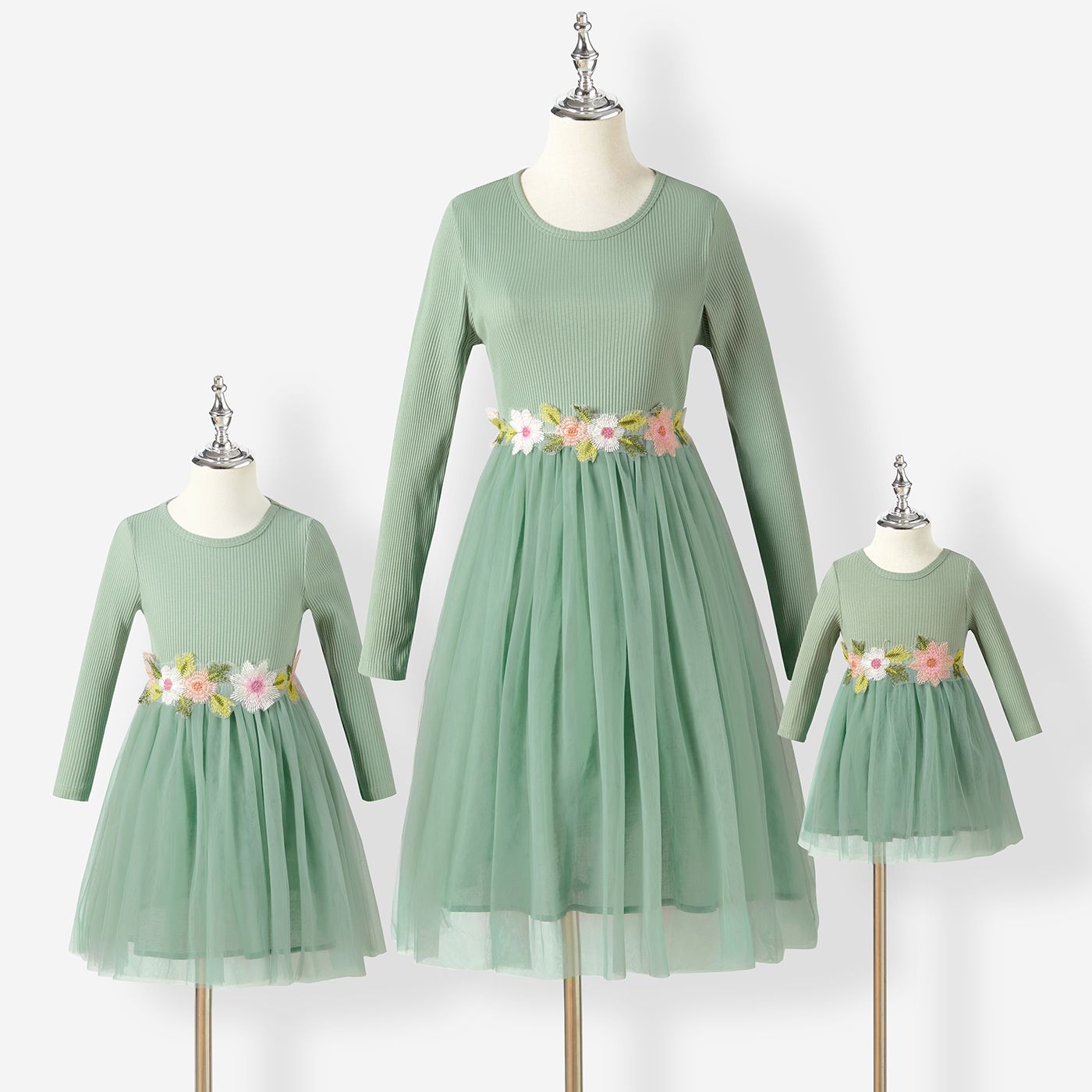 

Mommy and Me Cotton Ribbed Floral Embroidered Long-Sleeved Mesh Dresses
