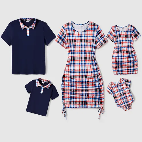 Family Matching Plaid Print Drawstring Ruched Bodycon Dresses and Polo Short-sleeve Tops Sets