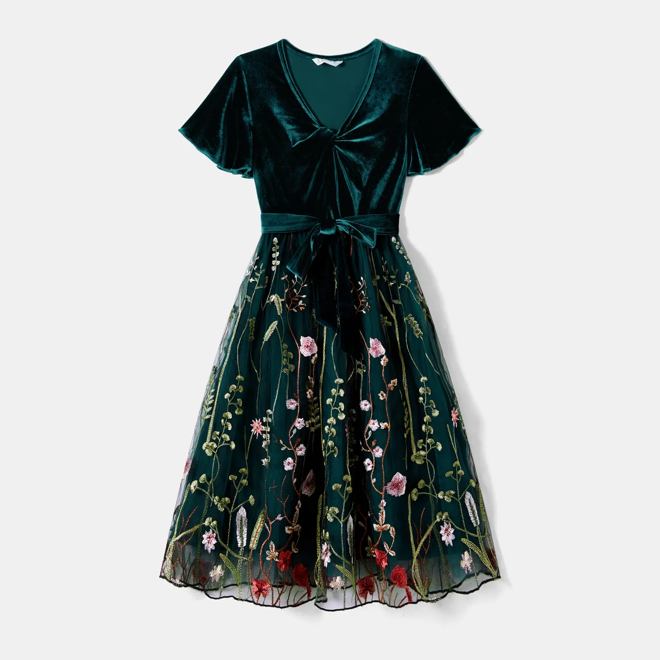Mommy and Me Velet Splice Floral Embroidered Long-Sleeved Mesh Dresses Dark Green big image 1