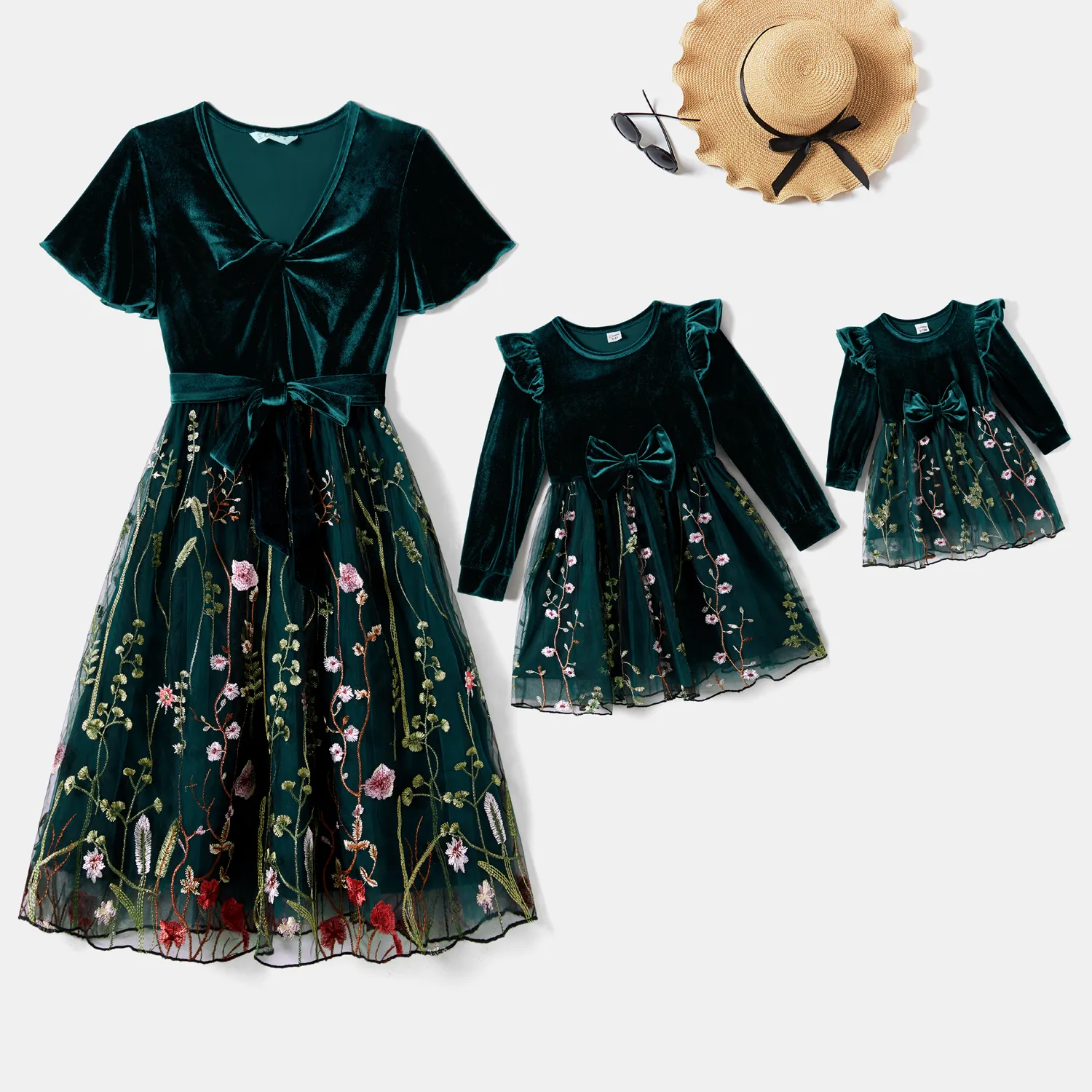 Mommy and Me Velet Splice Floral Embroidered Long-Sleeved Mesh Dresses