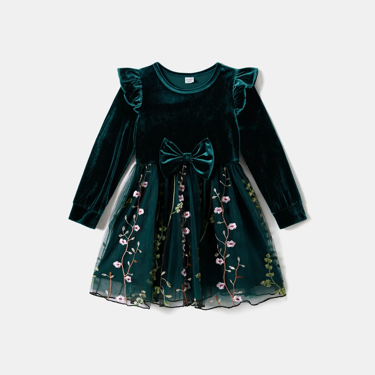 Mommy and Me Velet Splice Floral Embroidered Long-Sleeved Mesh Dresses Dark Green big image 1