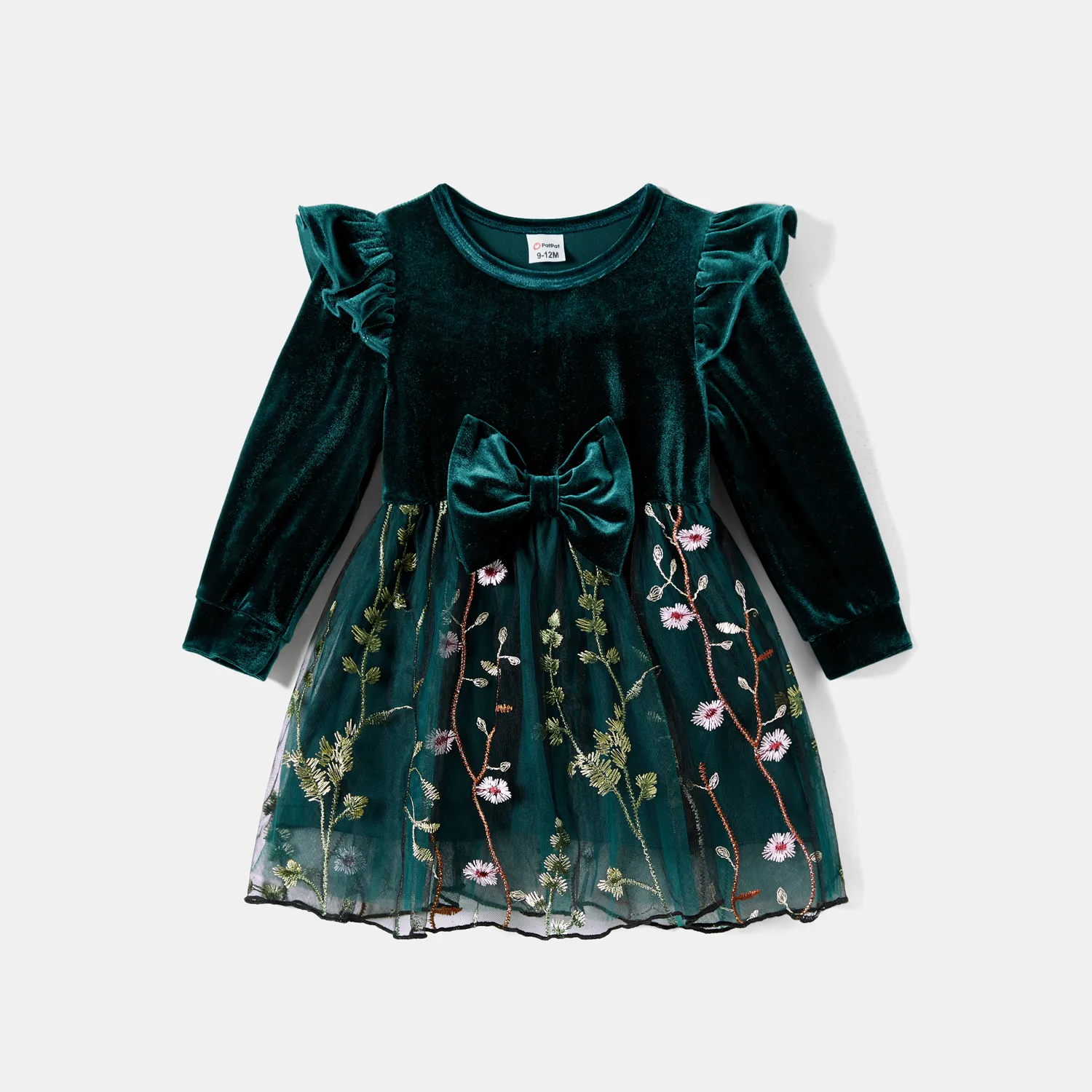 Mommy and Me Velet Splice Floral Embroidered Long-Sleeved Mesh Dresses  big image 1