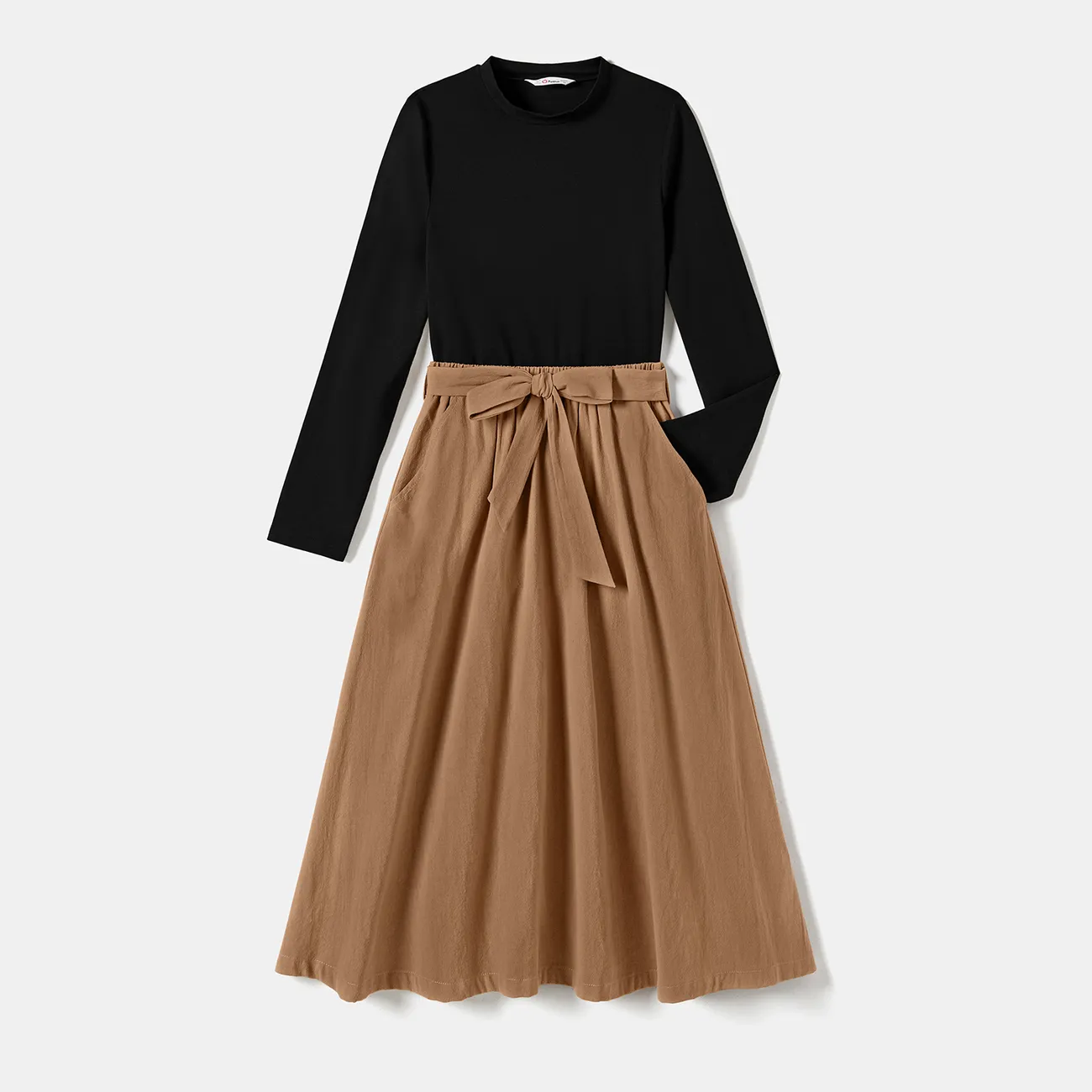 Family Matching Skirt Suit Set Dresses with Pockets and Colorblock Ribbed Sweatshirts Sets Khaki big image 1