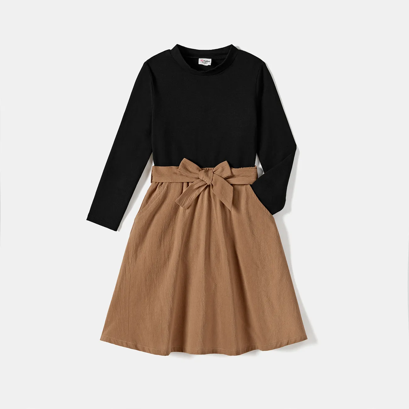 Family Matching Skirt Suit Set Dresses with Pockets and Colorblock Ribbed Sweatshirts Sets Khaki big image 1